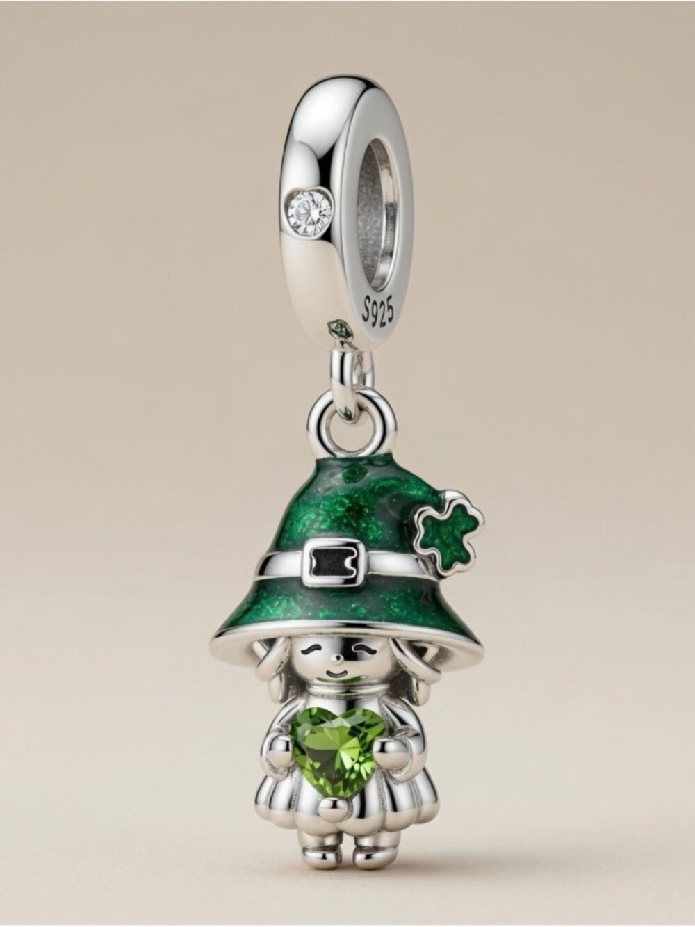 Silver Lucky Girl Dangle Charm with Green Enamel Hat